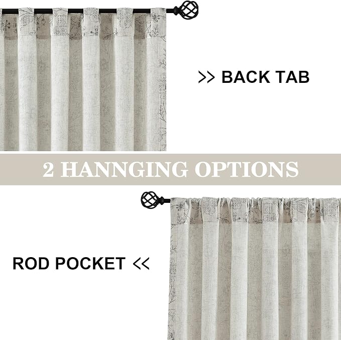 Vision Home Floral Linen Curtains 84 inch Long Rod Pocket Back Tab Farmhouse Light Filtering Botanical Print Window Curtains for Living Room Bedroom Semi Sheer Drapes Gray on Beige 2 Panels,54"Wx84"L