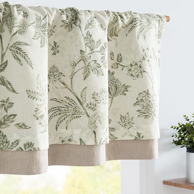 jinchan Floral Valance Curtain Linen Kitchen Valance for Windows 16 Inch Farmhouse Light Filtering Green Floral Short Window Treatment for Living Room 1 Panel Rod Pocket Double Layer Sage on Beige