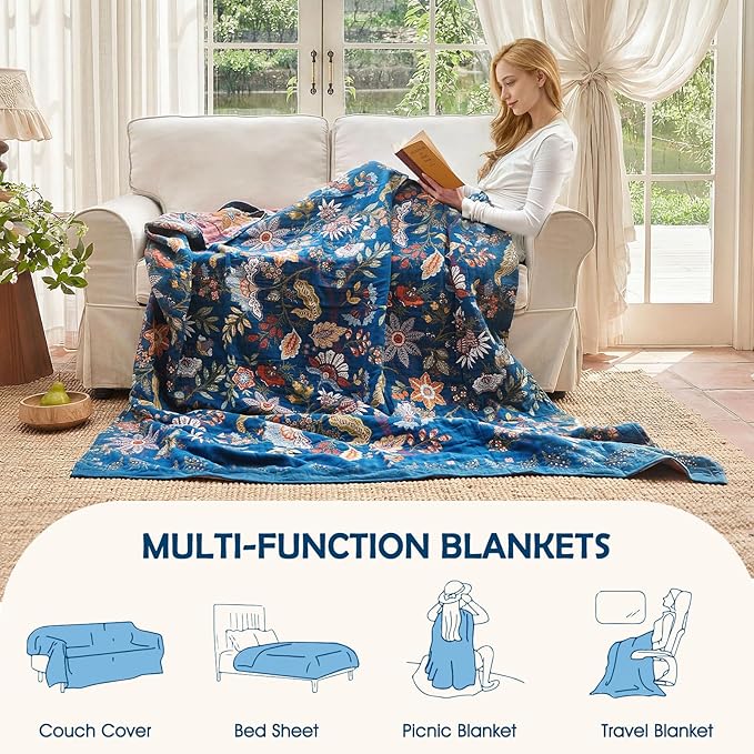 Boho Throw Blanket - 100% Cotton Ultra Soft Muslin Spring Blanket, 60"x80" Lightweight Floral Butterfly Framhouse Bedding Blanket for Bed, All Season Blue Bohemian Bedroom Home Decor Quilt