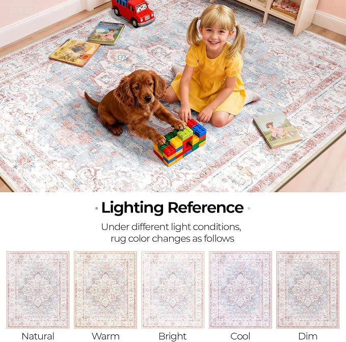CAPALOCA Machine Washable Rugs Nursery Rug Sq5ft Cute Girl Non Slip Low Pile Water Repellent Soft Print Pattern for Bedroom Indoor Decor Kids Playroom Pink Blue