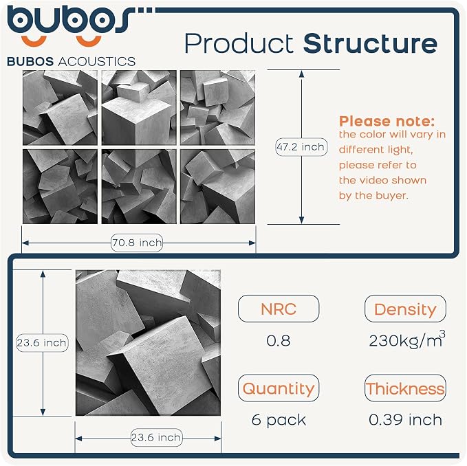 BUBOS 6 Pack Acoustic Wall Panels - High-Density Polyester Sound Absorbing Panels, Decorative Print Treatment for Recording Studio & Home Office, Peel and Stick, 23.6" x 23.6"