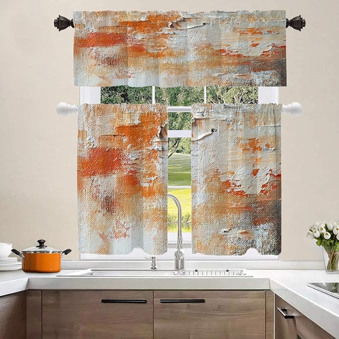 Shrahala Brushstrokes of Paint Blackout Curtain Tiers, Orange Grey Canvas Texture Kitchen Valance Light Blocking Tier Drapes with Rod Pocket, 2 Pack 26 X 36 in