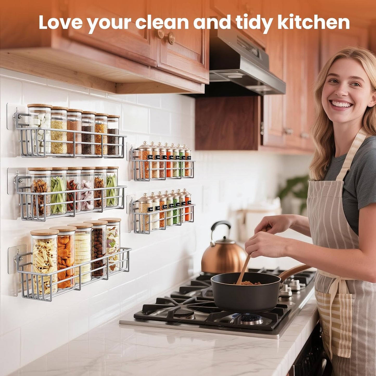 5 Pack Spice Rack Seasoning Organizer Wall Mount, Screw or Adhesive Hanging Shelf Basket Spice Organizer Shelf for Kitchen, Silver