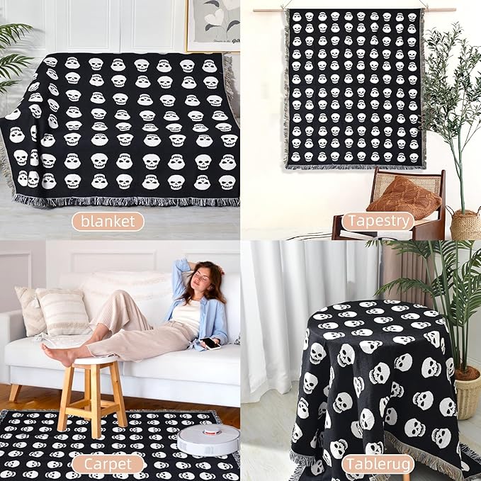 Boho Throw Blanket Reversible Cotton Bohemian Tapestry Hippie Room Decor Double Sided (Boho Skull Print Black 50"x60")