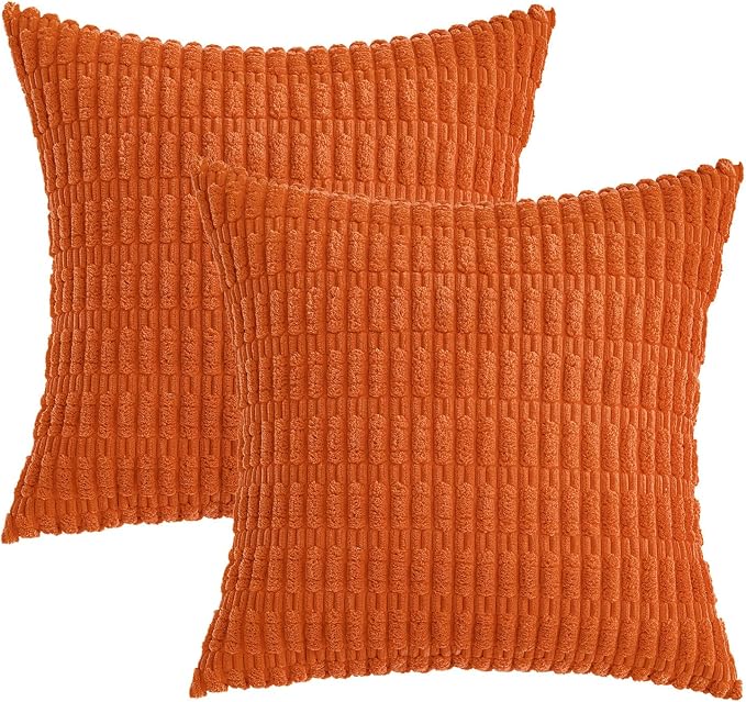 MIULEE Fall Pack of 2 Orange Corduroy Decorative Pillow Covers 18x18 Inch Soft Boho Striped Throw Pillow Covers Modern Farmhouse Home Decor for Halloween Thanksgiving Sofa Living Room Couch Bed