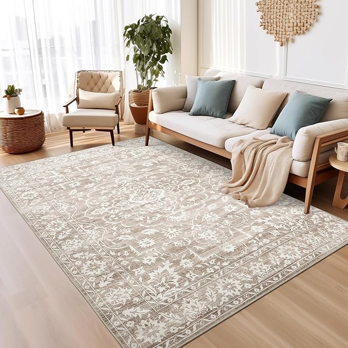 Soalmost 6x9 Area Rugs for Living Room, Washable Neutral Rug Light Brown | Vintage Floral Soft Stain Resistant Non-Slip Low Pile Thin Carpet for Dining Room Bedroom Kitchen Home Office Nursery 6'x9'