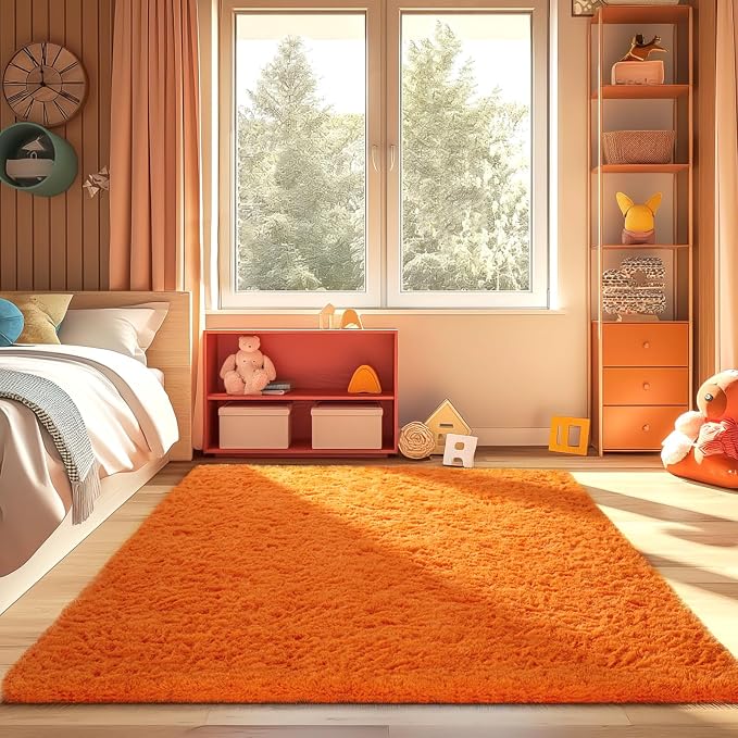Ophanie Orange Fall Rugs for Bedroom Living Room,Fluffy Fuzzy Furry Carpet,Plush Soft Shaggy Bedside Indoor Floor 4x6 Area Rug for Kids Girls Boys Baby Teen Dorm Decor with Over 99 pcs Pile fibers