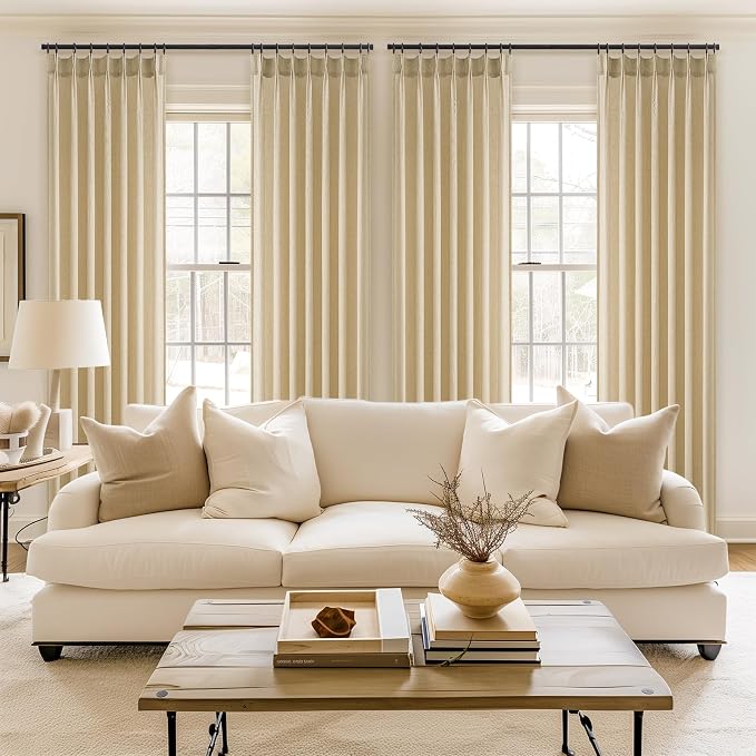 Topfinel 108 Inch Curtains 1 Panels Set,One Packs Pinch Pleat Back Tab Linen Window Semi Sheer Privacy Thick Decorative Curtain Drapes for Living Room Bedroom,72x108 in Long,Natural Linen