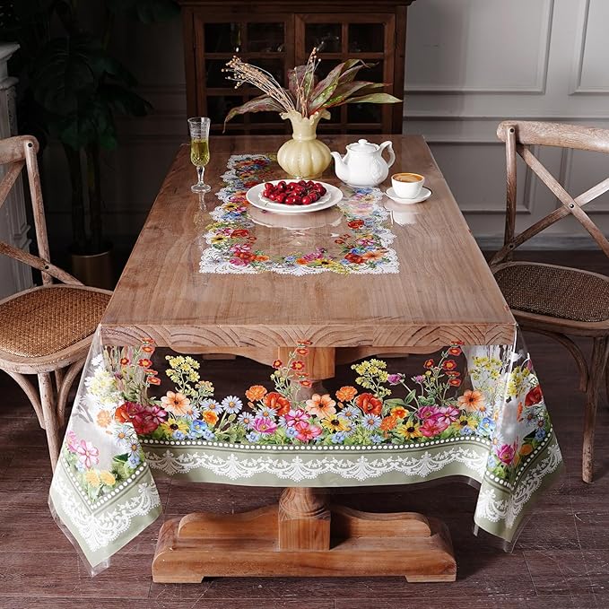 Clear Table Protector Cover Vinyl Rectangle PVC Tablecloth Waterproof Oil Proof Wipeable Plastic Tablecloths for Spring Summer Home Kitchen Dining Table (Lace Floral, 60 x 104 Inches)