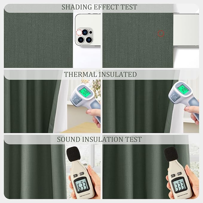 Jowels Olive Green Linen Blackout Curtains 96 Length 2 Panels Set for Living Room Bedroom, 100% Black Out Thermal Insulated Linen Drapes, Room Darkening Grommet Curtains 96 Inches Long