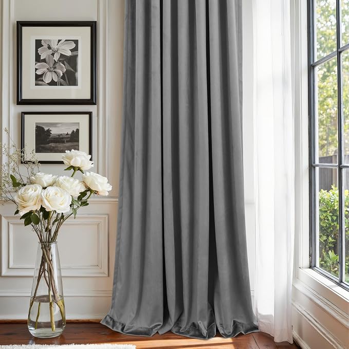 Grey Velvet Curtains 108 Inches Long 2 Panels Luxury Crush Velvet Blackout Drape Gray Back Tab Design Thermal Insulated Soundproof Noise Reducing Window Covering for Living Room French Door W52 x L108