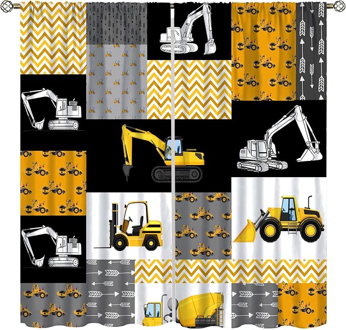 Excavator Blackout Curtain,Boys Kids Construction Vehicles Curtains Equipment Trucks Cartoon Car for Kitchen Office Bedroom Cafe Dining Room Living Room Drapes, 52x96 in