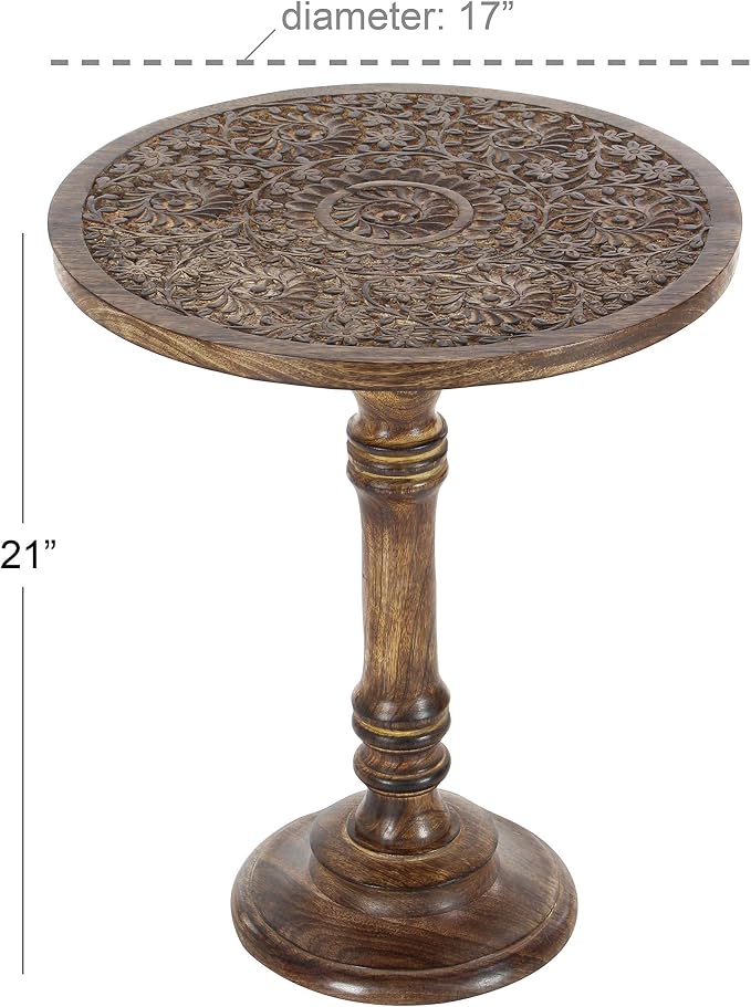 Deco 79 Mango Wood Floral Handmade Side End Accent Table Intricately Carved End Table with Turned Base, Side Table 17" x 17" x 21", Dark Brown