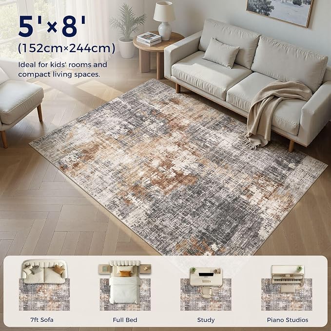 DMOYEST Area Rug Living Room Rugs - 5x8 Washable Large Soft Indoor Neutral Modern Abstract Low Pile Rug Carpet for Bedroom Dining Room Farmhouse Home Office - Grey Brown