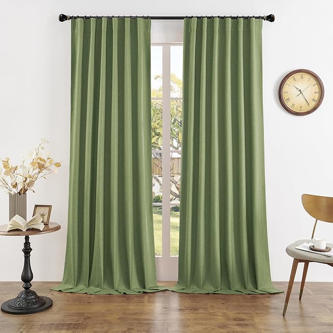 DUALIFE Light Sage Green Curtains 96 Inches Long for Bedroom 2 Panels Back Tab Loop Pocket Linen Draperies Neutral Farmhouse Blackout Privacy Pale Green Curtains for Living Room Office 8 FT 50x96