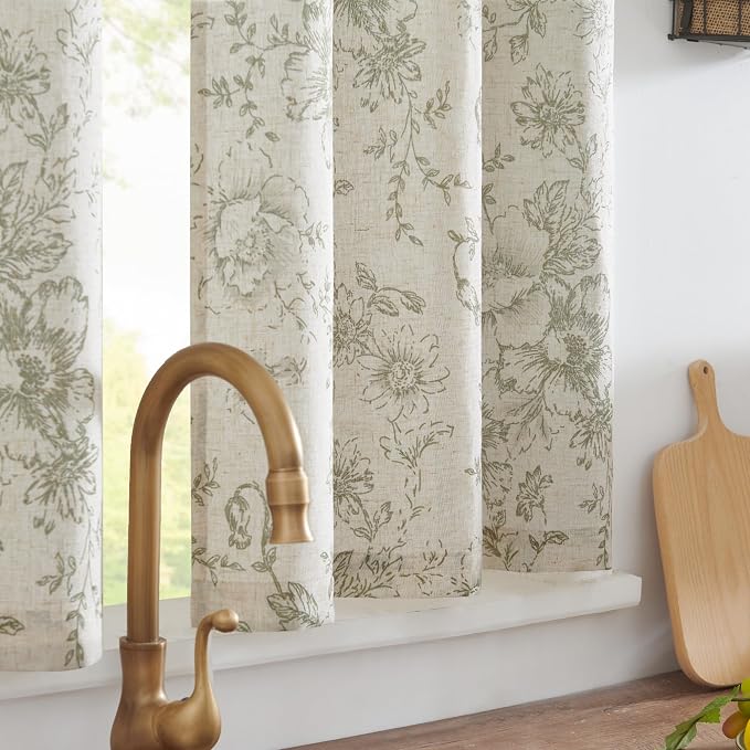 jinchan Floral Linen Tier Curtains 30 Inch Farmhouse Botanic Cafe Drapes for Small Windows Rustic Half Window Curtains for Kitchen Living Room Bathroom Laundry 2 Panels Green on Beige