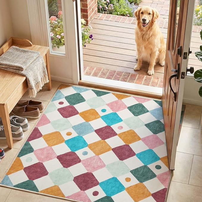jinchan Macy Area Rug for Kids Room 4'x4' Square Rug Modern Colorful Nursery Rug Checkered Diamond Play Mat Washable Soft Non Slip Carpet for Entryway Bedroom Playroom Dorm Daycare Confetti on Cream