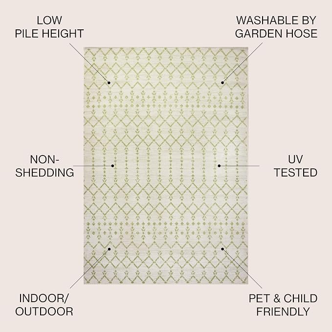 JONATHAN Y Moroccan Geometric Indoor Outdoor Square Area Rug 5X5 Cream/Green, Ourika Textured Weave for Backyard, Patio, Porch, Easy-Cleaning, High Traffic, Pet-Friendly, Non-Shedding (SMB108M-5SQ)