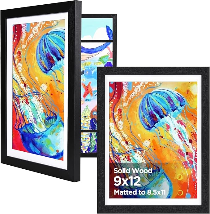 KINLINK 9x12 Kids Art Frame 2 Pack, Solid Wood Artwork Frames Changeable, Front Opening Hold 150 Pictures, Art Frames for Kids Artwork, 8.5x11 with Mat 9x12 without Mat, Picture Frames Black