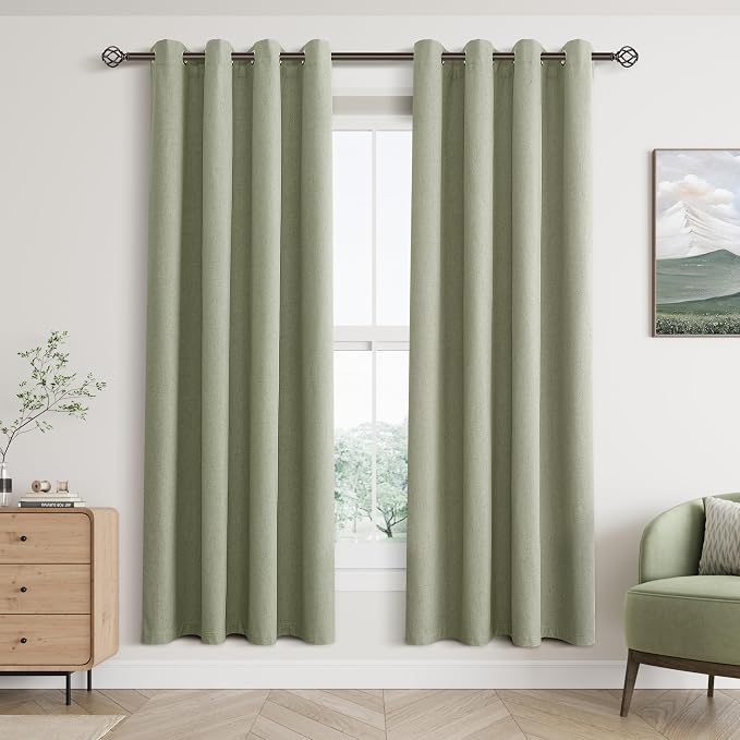 Jowels Sage Green Linen Blackout Curtains 72 Length 2 Panels Set for Living Room Bedroom, 100% Black Out Thermal Insulated Linen Drapes, Room Darkening Grommet Curtains 72 Inches Long