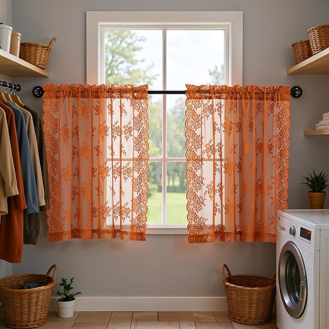 Kotile Burnt Orange Sheer Curtains 36 Inch Length 2 Panels, Country Rustic Floral Short Fall Curtains for Kitchen Window, Rod Pocket Privacy Sheer Lace Curtain Short, 42 x 36 Inch Each, Burnt Orange