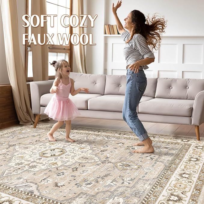 6x8 Area Rug Living Room: Washable Boho Large Neutral Vintage Soft Rug Stain Resistant Farmhouse Non-Slip Indoor Floor Carpet for Bedroom Nursery Kids Playroom Office Dining Room- Beige Grey