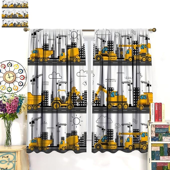 Construction Truck Blackout Curtain,for Kids Boys Girls Room Cartoon Tractor Excavator Yellow Cars Curtains Living Room Kitchen Cafe Bedroom Office Nursery Drapes,52x96 in
