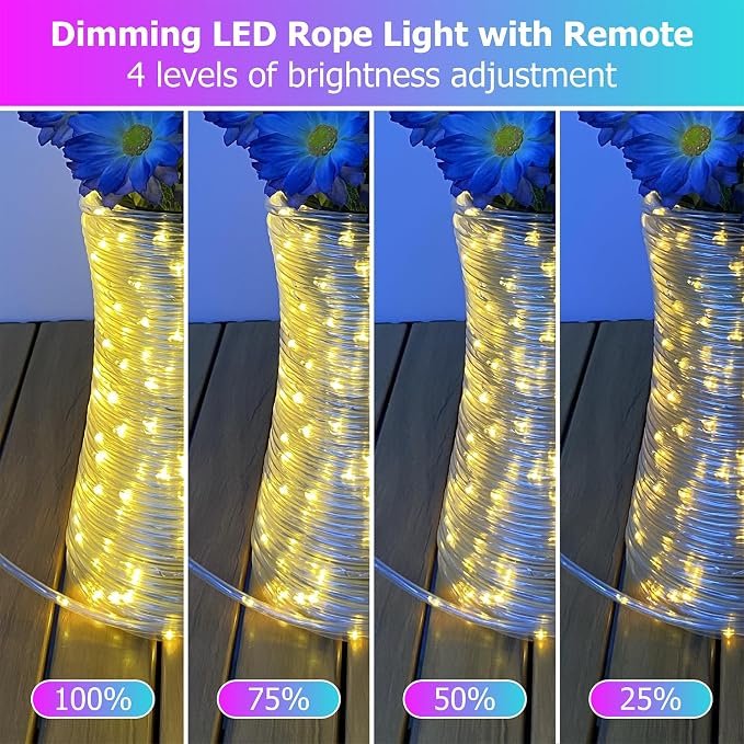 200ft LED Rope Lights for Outside, 25 Colors IP68 Waterproof, Dimmable Warm White RGB Outdoor String Lights, Red White Blue for Memorial Day Patriotic Decorations, Fairy Lights for Indoor Bedroom