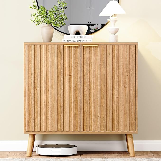 Set of 4 Fluted Storage Cabinet, Buffet Cabinet with Storage, Wood Sideboard with Adjustable Shelf, Modern Accent Cabinet & Console Table for Entryway, Living Room, Dining Room, Natural