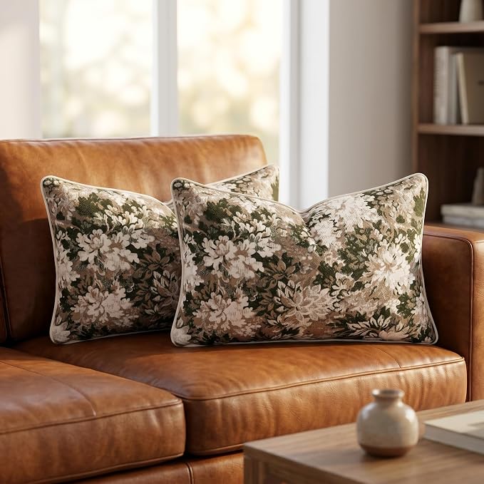 Vintage Floral Throw Pillow Covers 12x20 Inches Set of 2 Lumbar Boho Farmhouse Pillow Cases Premium Chenille Textured Decorative Cushion Covers for Couch Retro Garden Farmhouse Style Green