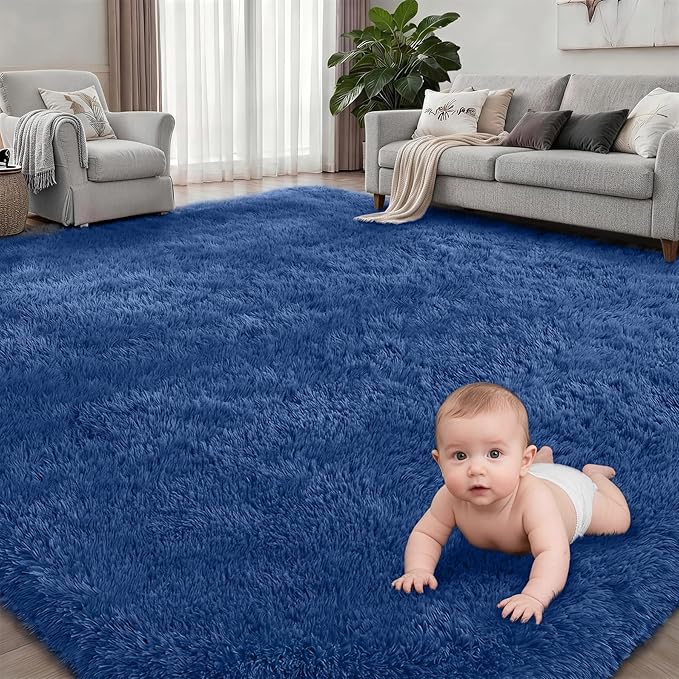 Fluffy 5x7 Area Rugs for Living Room Bedroom: Ultra Soft Shag Rug Non-Slip Non-Shedding Small Plush Bedside Rug Indoor Floor Carpets for Kids Room Playroom Entryway Nursery Dorms Home Decor Blue
