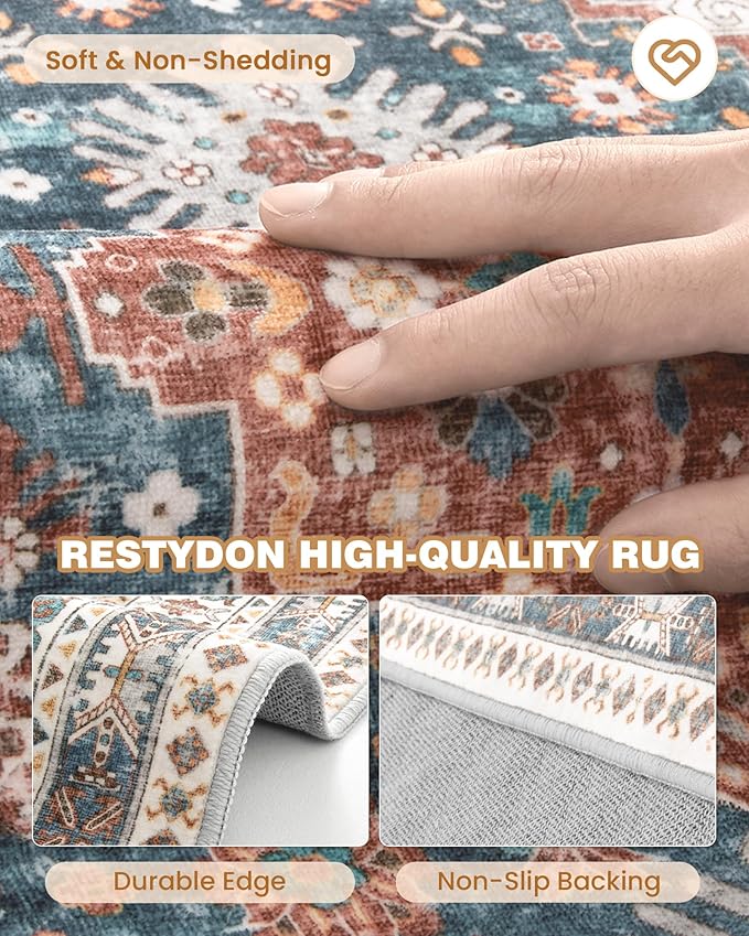 Carpet Runners for Hallway 12ft, Non-Slip Long Bathroom Rugs Runner for Kitchen, Living Room, Soft Vintage Washable Rug for Entryway, Thin Floor Mat for Dining Room(Blue/Red,2.5'x12')