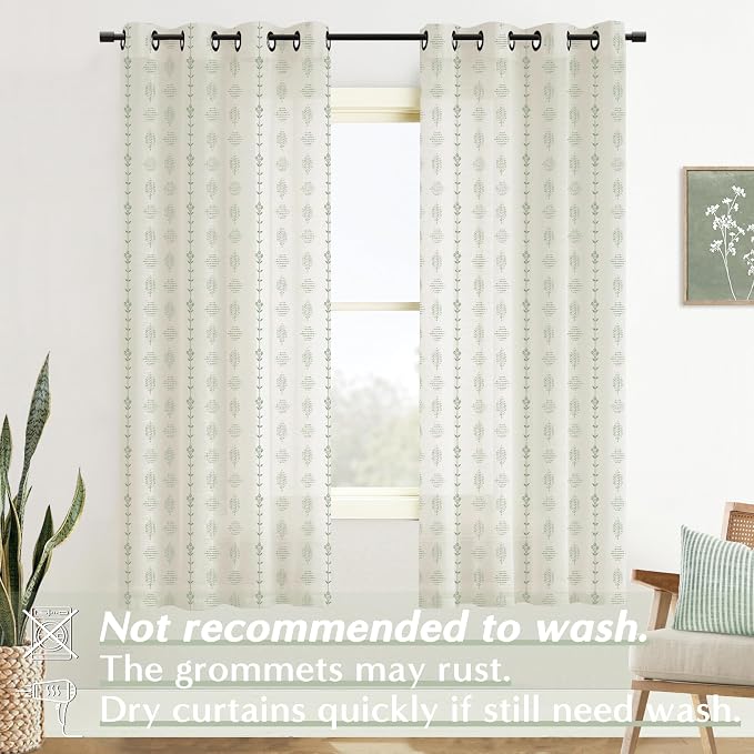 Sage Green Floral French Country Curtains, 72 Inch Long Cottage Core Farmhouse Linen Natural Fabric Patterned Drapes for Living Room Sunroom