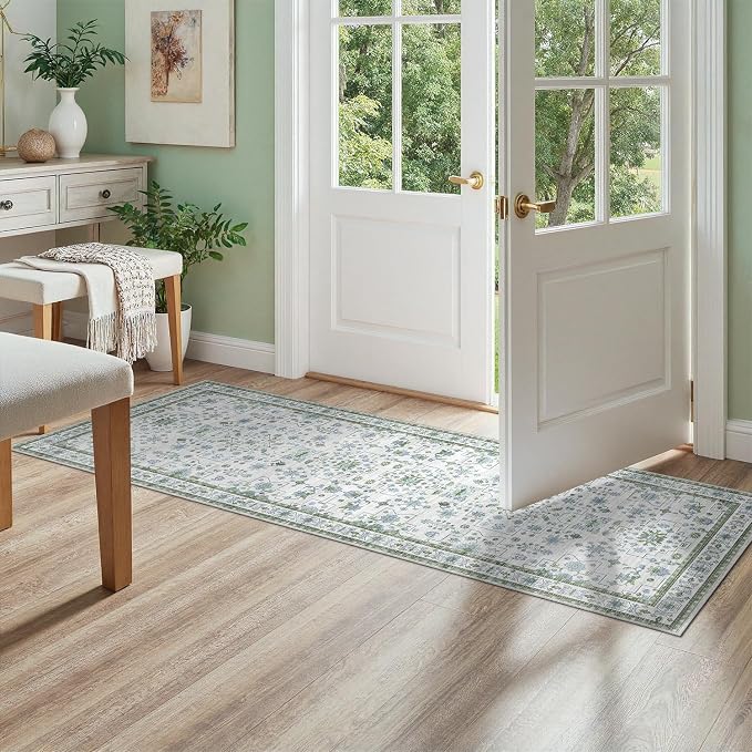 DCX 2x6 Runner Rug, Small Vintage Boho Area Rug, Washable Non Slip Rug Runner Carpet for Kitchen Floor, Hallway, Laundry, Bedroom Low Pile Soft Pastel Runner Green and Cream