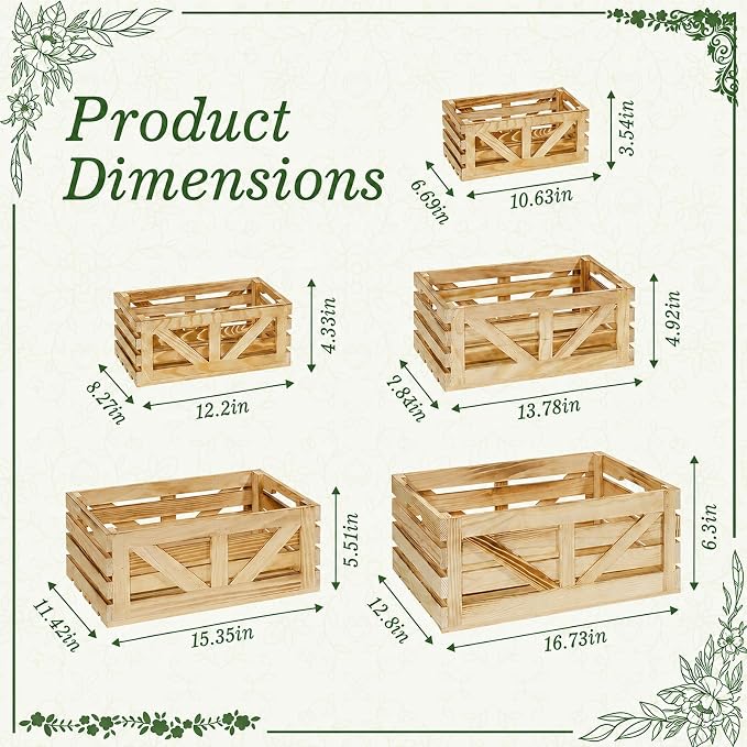 5 Pcs Wooden Crates for Display, Nesting Wood Crate for Storage, 5 Size | Farmhouse Weddings Wooden Basket for Storage Container and Decorations, Rustic Wood Crates for Farmers Market, Birthday, DIY
