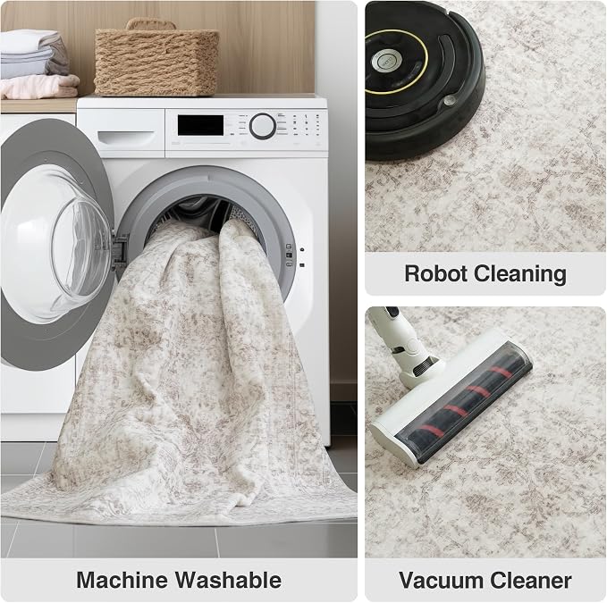 FMFUNCTEX 2x10 Runner Rug Beige Washable Vintage Neutral Distressed Non Slip Low Pile Indoor Carpet Retro Floral Hallway Entryway Rug for Kitchen Living Room Bedroom Bathroom Laundry Entry Bedside