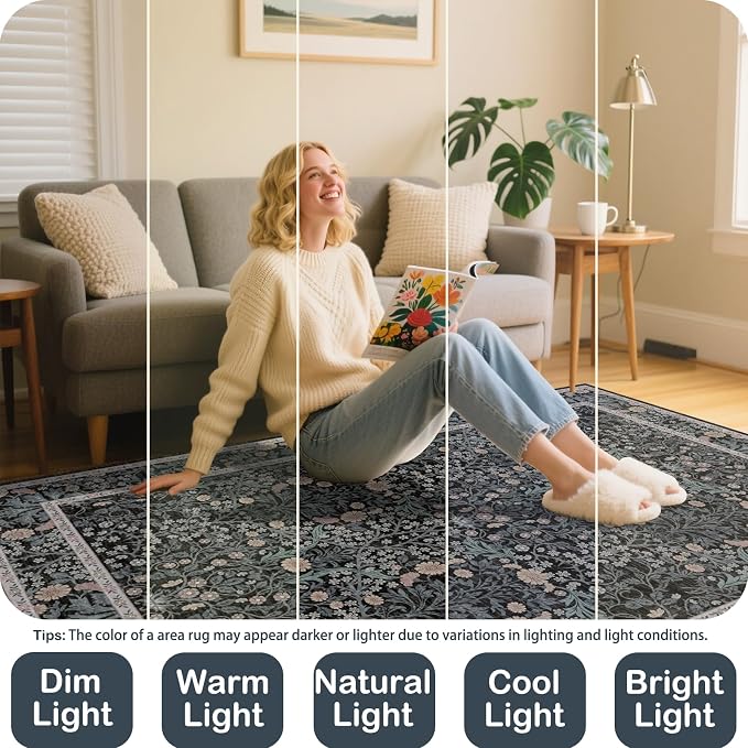 Washable 2x3 Entry Rug, Front Door Rugs Indoor, Vintage Floral Area Rugs for Kitchen, Non-Slip Bathroom Small Rugs, Perfect for Entryway Decor Door Mat (2x3 Black)