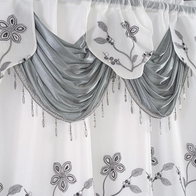 Petrichor Embroidered Sheer Curtain 2 Panels Set - Luxury Window Curtain Attached Valance with Satin Backing and 2 Tie Backs for Living Room,Dining Room, 54x84 inches, Gray