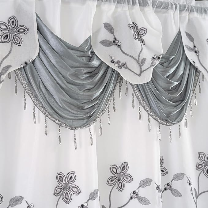 Petrichor Embroidered Sheer Curtain 2 Panels Set - Luxury Window Curtain Attached Valance with Satin Backing and 2 Tie Backs for Living Room,Dining Room, 54x63 inches, Gray