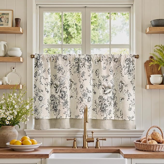 jinchan Linen Kitchen Curtain 24 Inch French Floral Double Layer Curtain Farmhouse Vintage Tier Drape Rustic Half Window Curtain for Living Room Window Treatment Rod Pocket 1 Panel Black on Beige