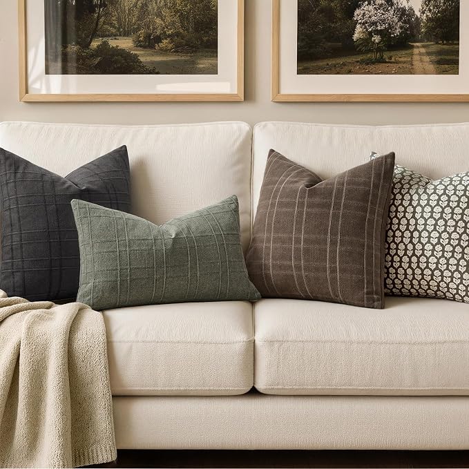 MIULEE Decorative Linen Check Throw Pillow Covers Neutral Farmhouse Vintage Pillow Covers 22x22 Set of 2 Boho Modern Home Decor for Sofa Couch Bedroom Cushion Dark Coffee