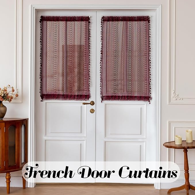 Sutuo Home Burgundy Sidelight Curtains for Drapery Glass & Patio, French Door Curtains for Front Door Entryway Farmhouse Semi Sheer Vintage Chic Cottagecore Tassels, Rod Pocket 2 Panels 25" W x 40" L