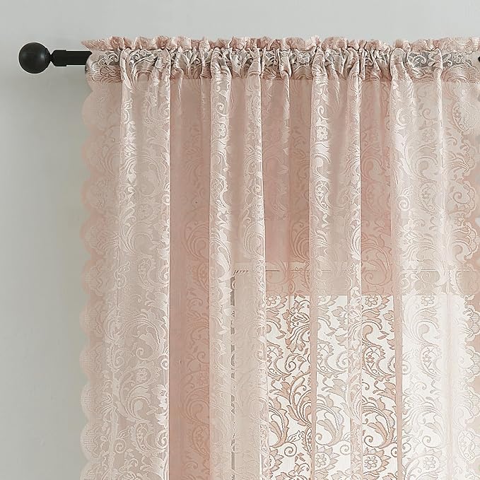 Bujasso Pink Sheer Lace Curtains 54 inch Victorian Short Curtain Panels for Kitchen Living Room Bedroom Elegant Light Filtering Pink Drapes Window Treatment Sets Rod Pocket 2 Panels 54" Wx54 L