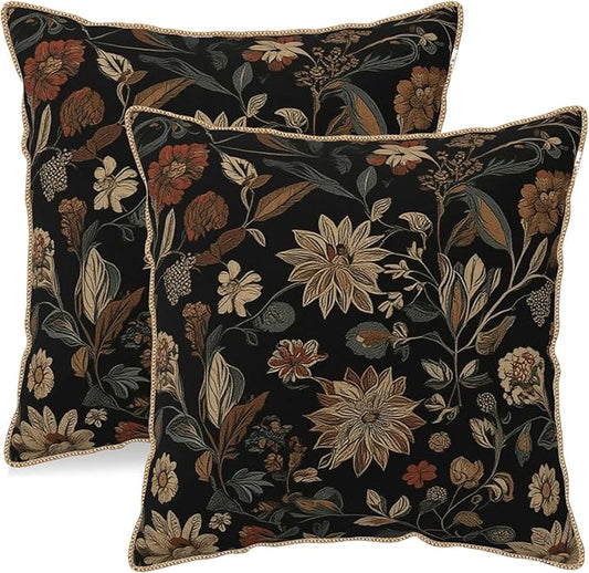 KSLIDS Vintage Floral Brown Black Soft Velvet Throw Pillow Covers Set of 2 Retro Boho Flower Leaves Decorative Pillow Covers 18x18 Inch Bohemian Pillow Case for Sofa Couch Farmhouse Home Decor