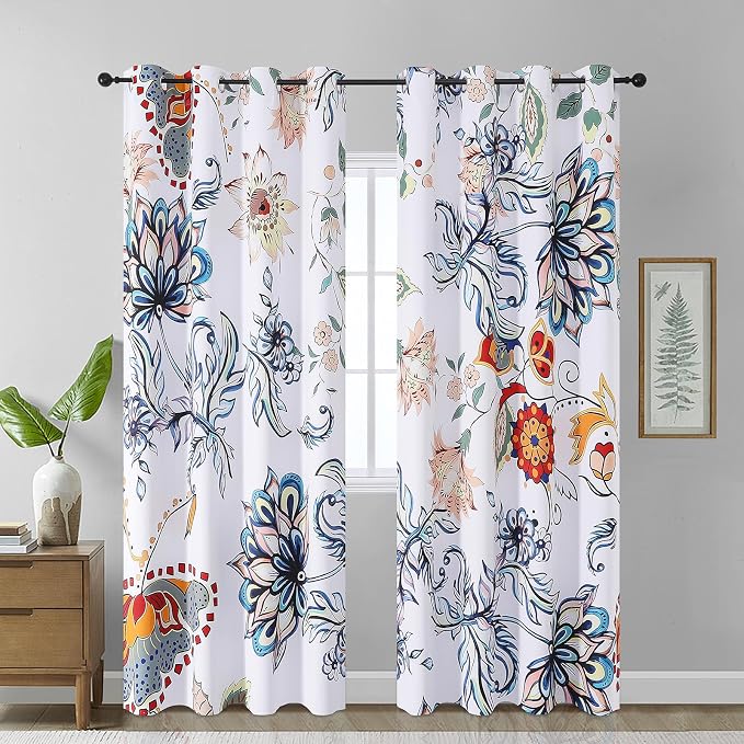 Estelar Textiler Classical Blue Floral Printing Curtains for Living Room Curtains 84 Inches Long, Room Darkening Thick Grommet Top Farmhouse Window Treatment White Drapes for Bedroom,52Wx84L,2 Panels