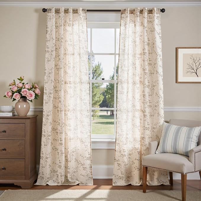 jinchan Taupe Floral Linen Curtains 96 Inch Farmhouse Back Tab 2 Panels | Taupe on beige, light filtering, farmhouse, rustic, country, flower, privacy, bedroom, living room, office, window treatment