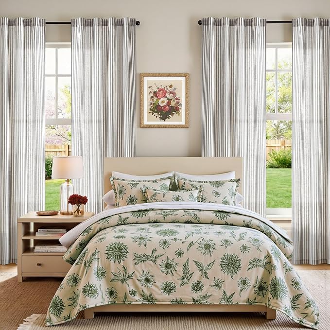 jinchan Linen Curtains 84" Charcoal Grey Stripe on Beige Back Tab 4 Panels | Curtains For Living Room Bedroom,Ticking Stripe Pattern, Farmhouse Cottage Core Rustic,Window Treatment,Light Filtering