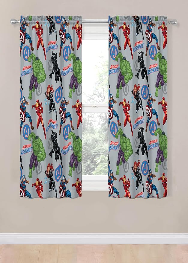 Jay Franco Window Curtains for Kids Bedroom 4-Piece Drape Set with 2 Tiebacks, Grey - Avengers, 42" W x 63" L (Pack of 2)