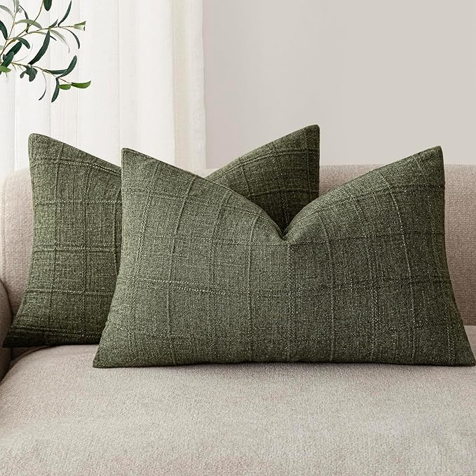 Foindtower Set of 2 Decorative Linen Check Throw Pillow Covers Neutral Farmhouse Lumbar Cushion Covers Modern Boho Home Decor for Sofa Chair Couch Bedroom Living Room,12×20 Inch,Olive Green
