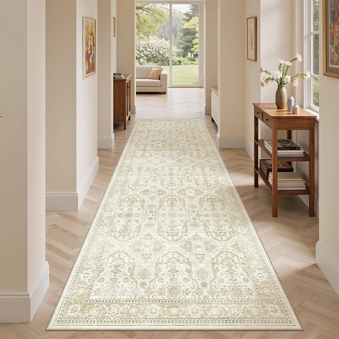 Soalmost Washable Runner Rug, 2'6" x 8' Non-Slip Kitchen Vintage Foldable 2.5x8ft Hallway Runners for Entryway, Laundry, Bedroom, Beige/Brown